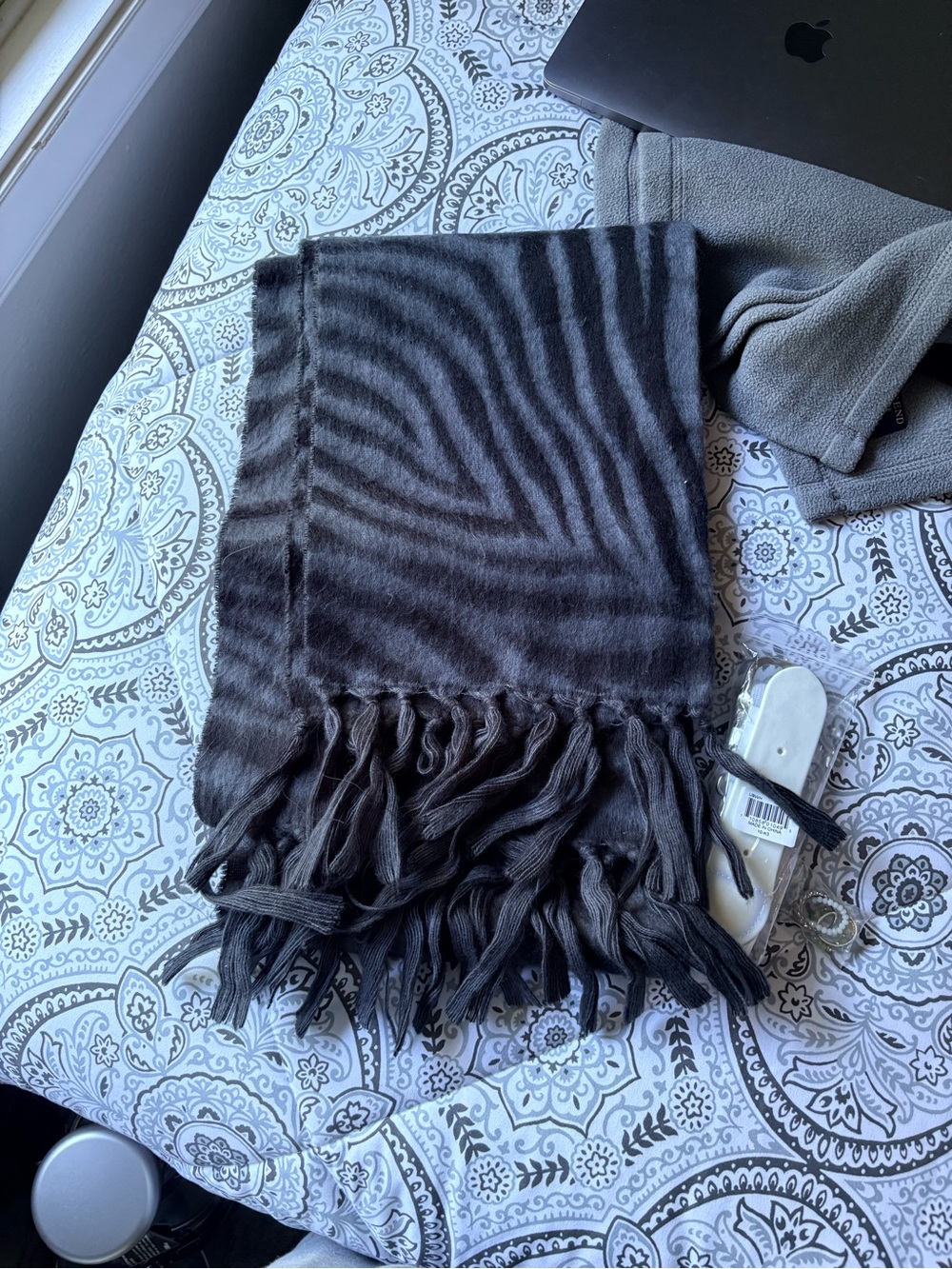 Dark Gray Fringe Scarf with Subtle Stripe Pattern